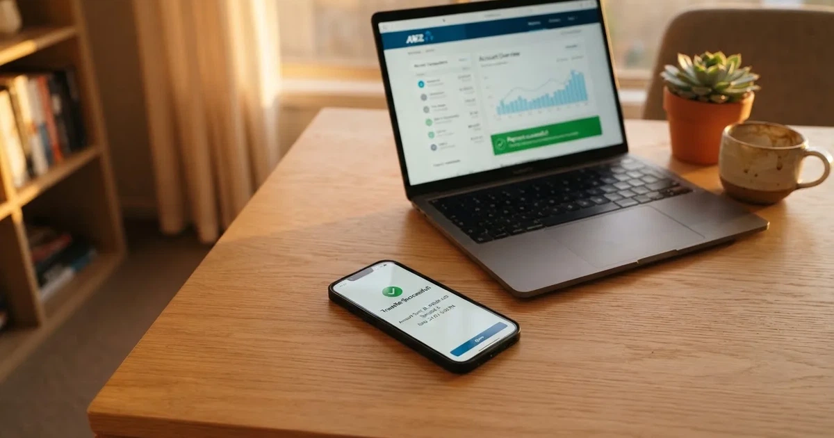 Close-up of a smartphone banking app open beside a laptop on a home desk, mid-transfer.