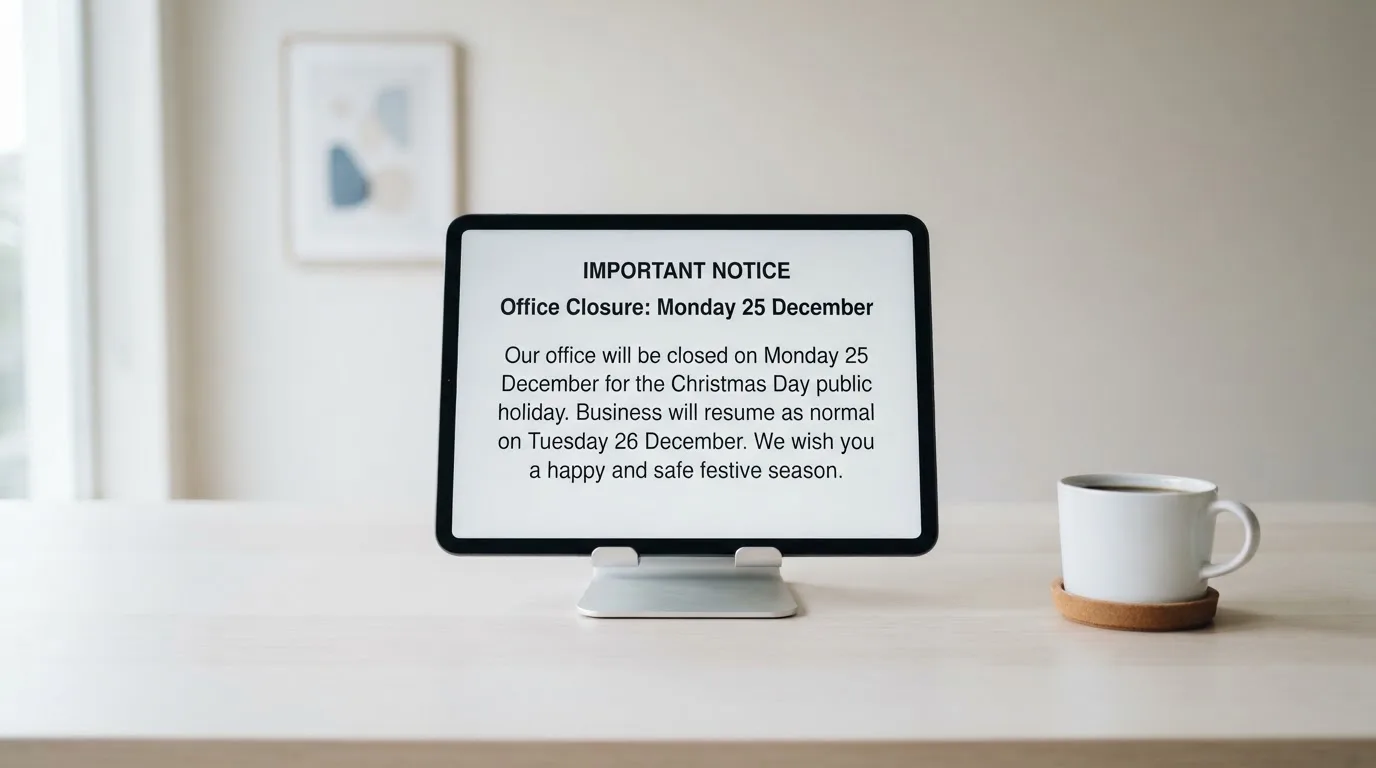 A tablet on a desk displays a plain government-style warning notice page, with a coffee cup beside it.