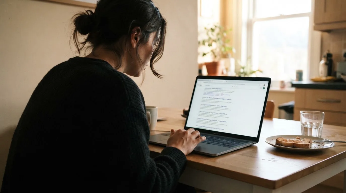 A person sits at a kitchen table, scrolling a laptop showing a general search results page about withdrawal claims.