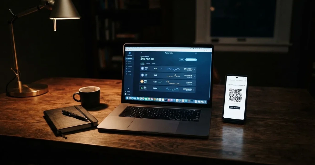 A laptop screen shows a cryptocurrency wallet balance next to a phone displaying a QR code, on a desk at night.