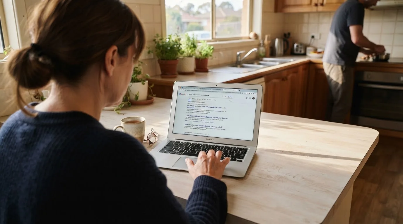 A person sits at a kitchen table, scrolling a laptop showing a general search results page about identity checks at casinos.
