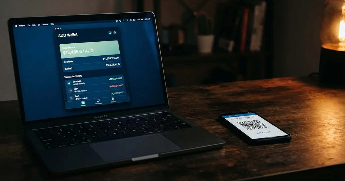 A laptop screen shows a cryptocurrency wallet balance next to a phone displaying a QR code, on a desk at night.