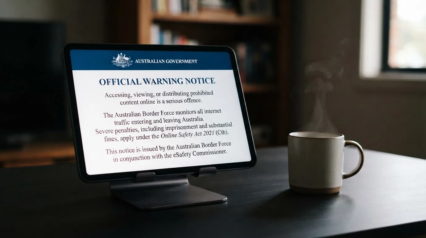 A tablet on a desk displays a plain government-style warning notice page, with a coffee cup beside it.