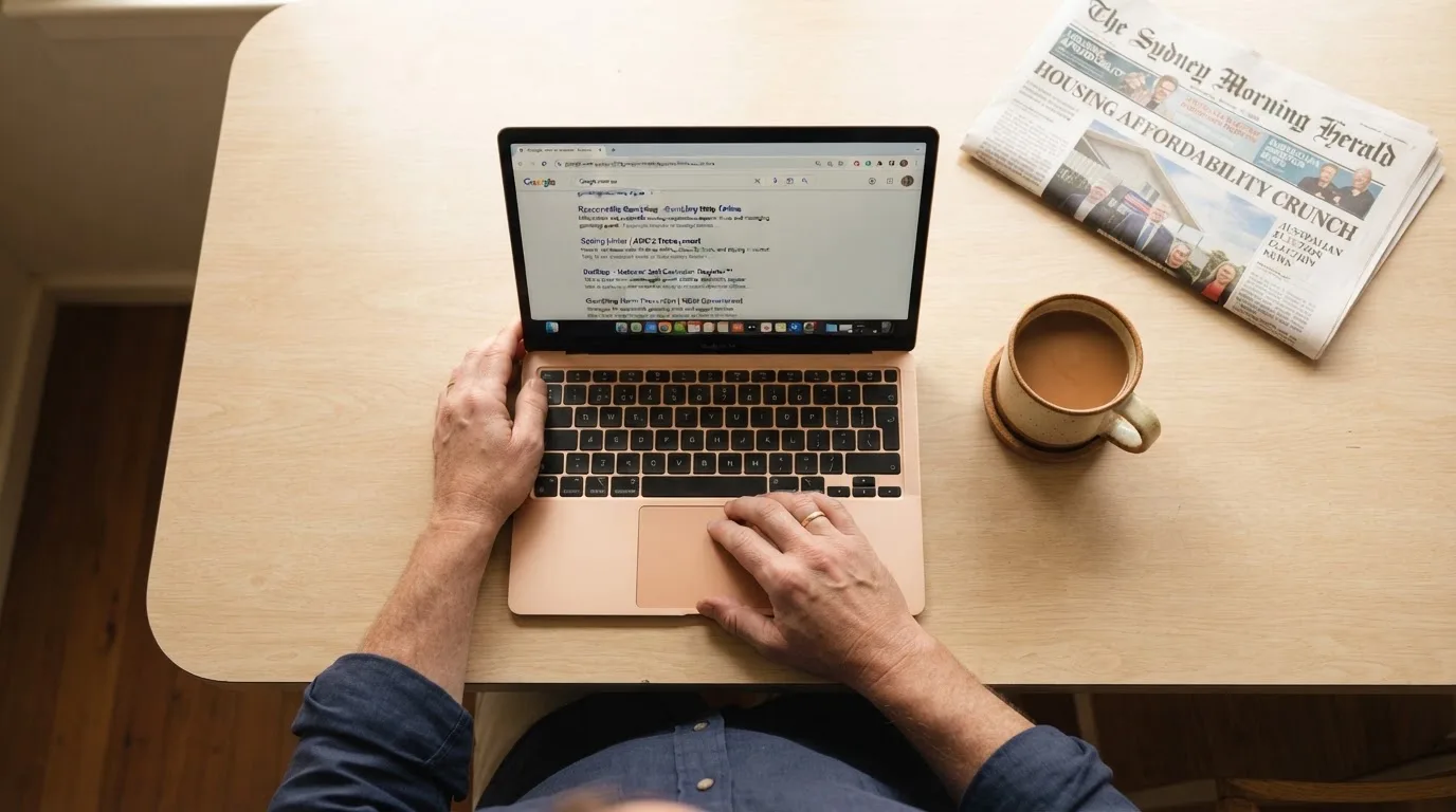 A person sits at a kitchen table, scrolling a laptop showing a general search results page about deposit limits.