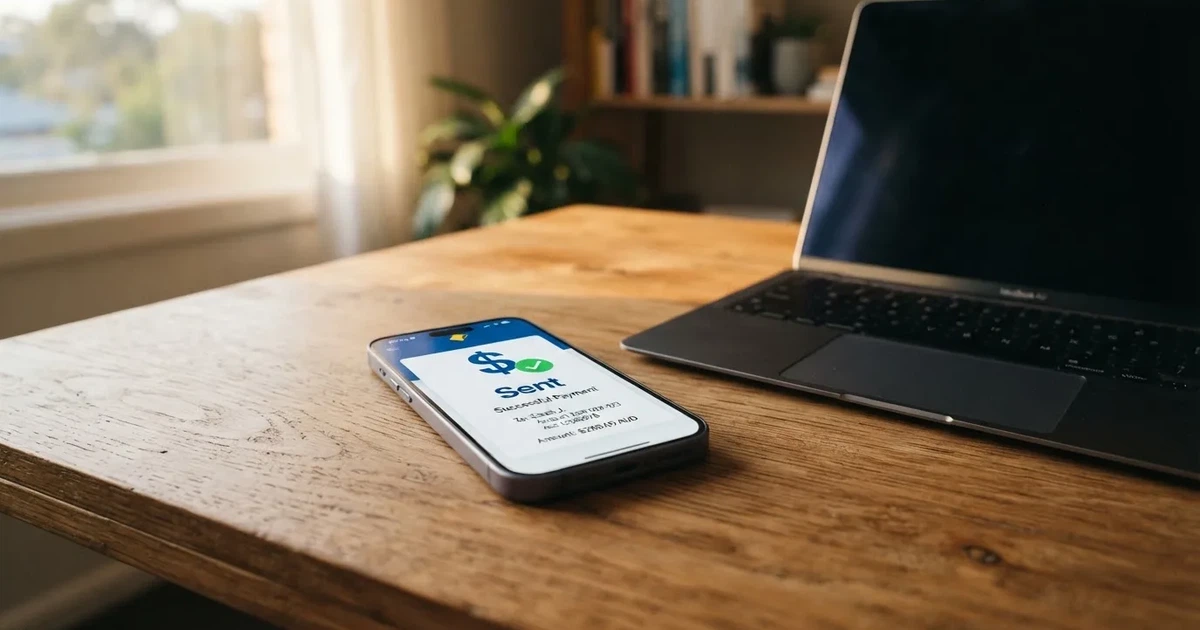 Close-up of a smartphone banking app open beside a laptop on a home desk, mid-transfer.