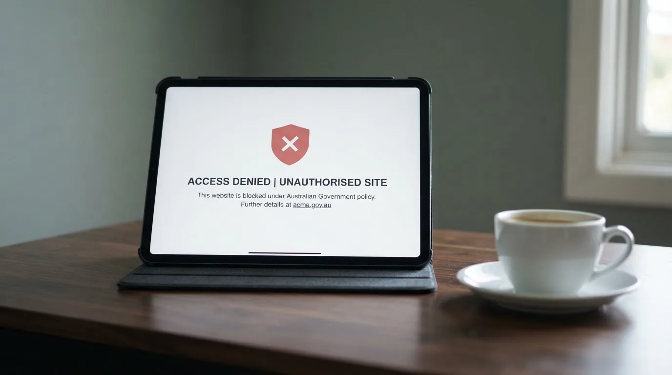 A tablet on a desk displays a plain government-style warning notice page, with a coffee cup beside it.