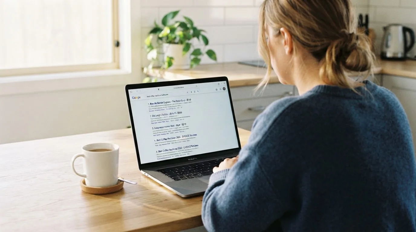 A person sits at a kitchen table, scrolling a laptop showing a general search results page about bonus terms.