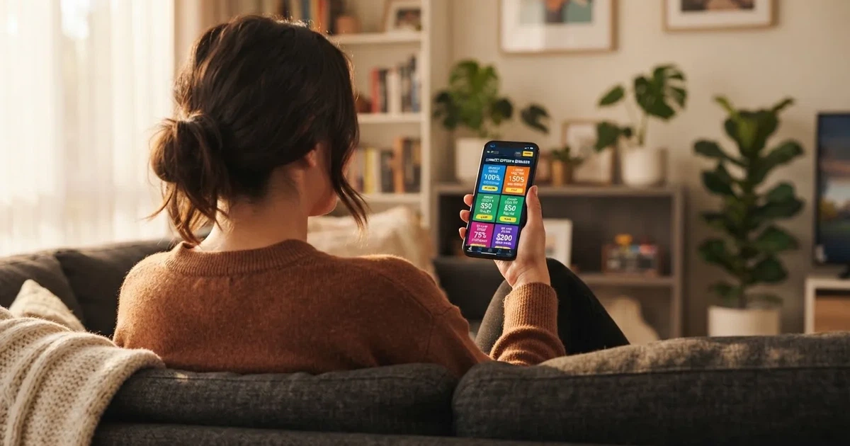 A phone screen shows a list of promotional bonus tiles as someone scrolls with one thumb on a couch.