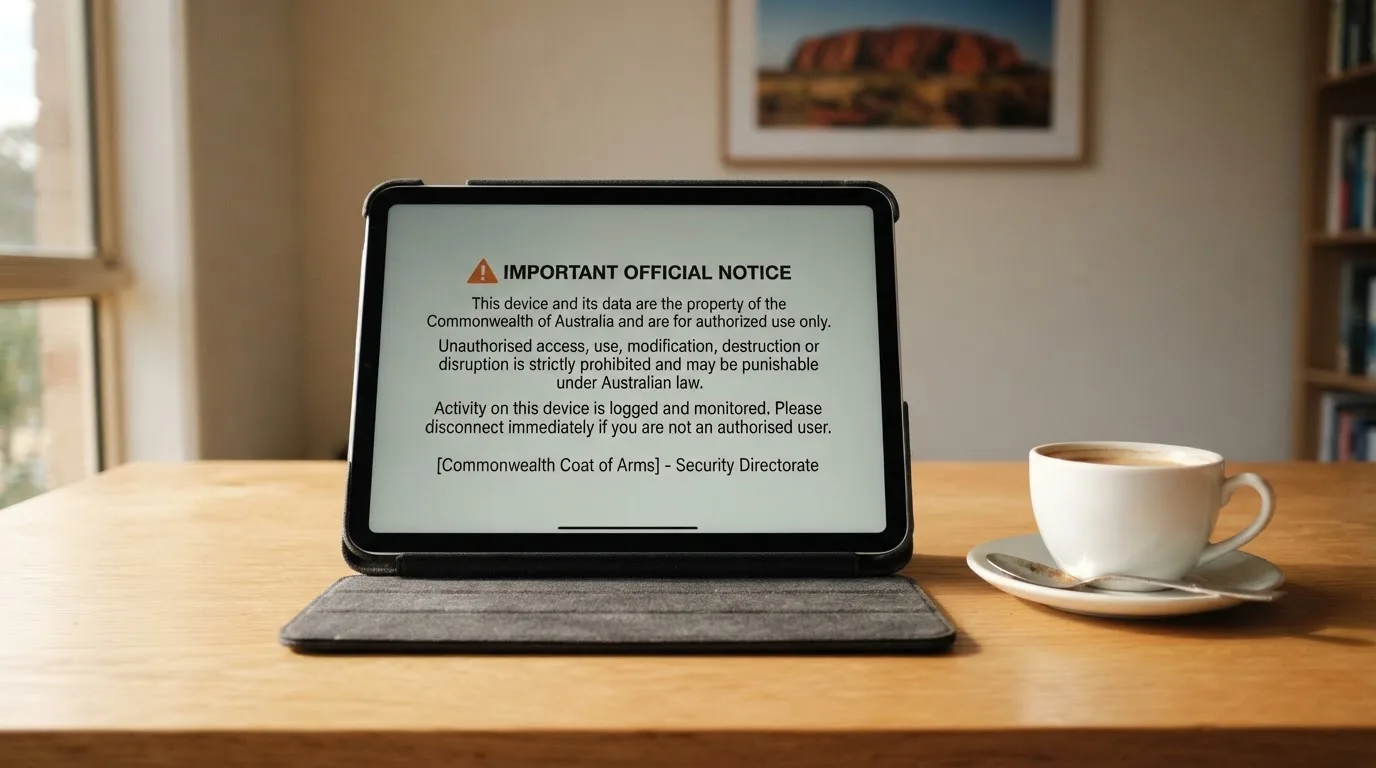 A tablet on a desk displays a plain government-style warning notice page, with a coffee cup beside it.