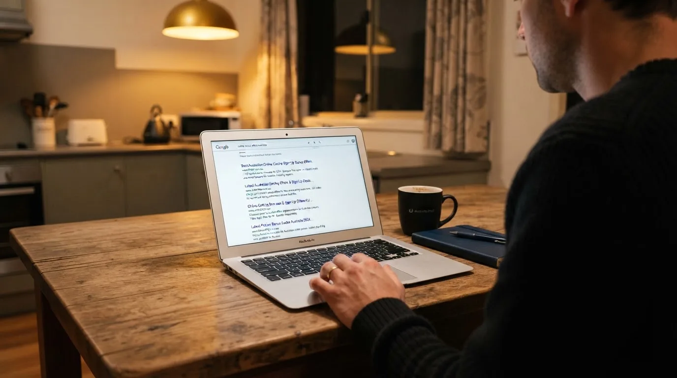 A person sits at a kitchen table in the evening, scrolling a laptop showing a general search results page about bonus offers.