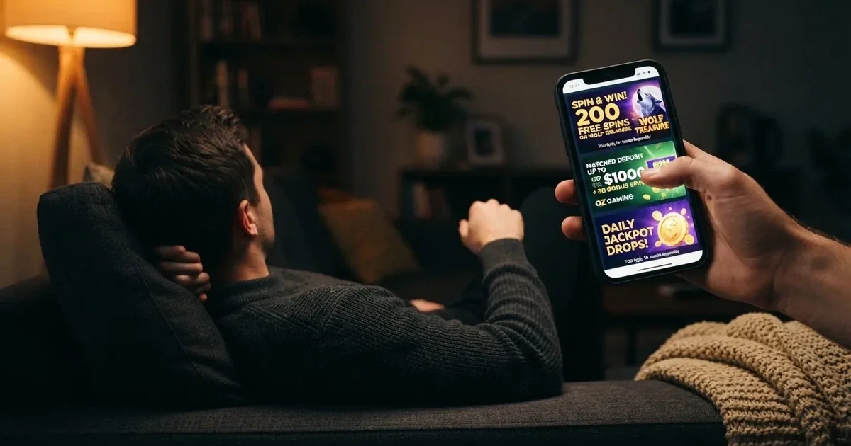A phone screen shows a list of promotional bonus tiles as someone scrolls with one thumb on a couch.