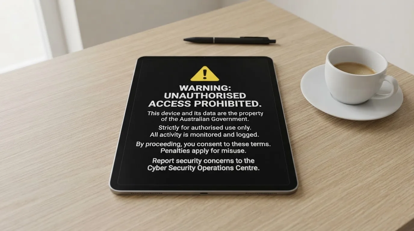 A tablet on a desk displays a plain government-style warning notice page, with a coffee cup beside it.