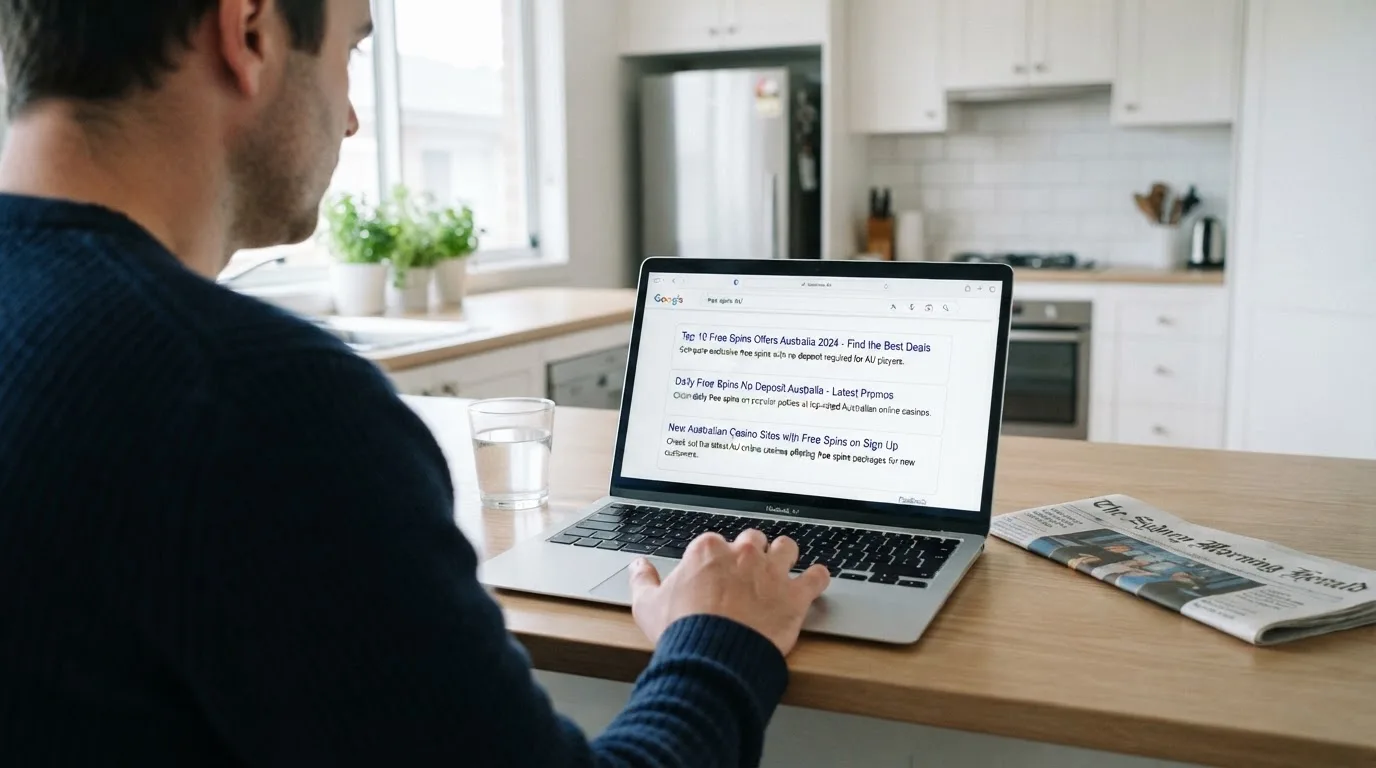 A person sits at a kitchen table, scrolling a laptop showing a general search results page about free spins offers.