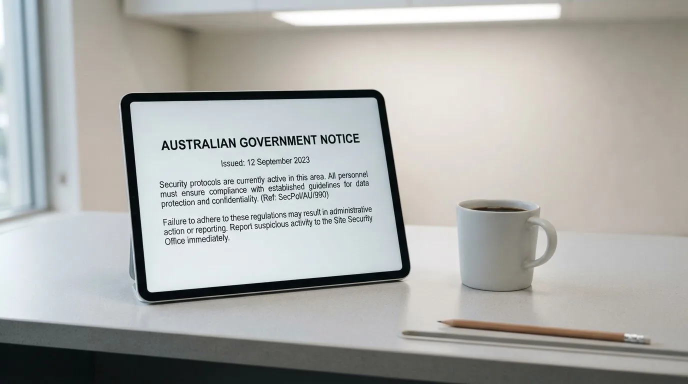 A tablet on a desk displays a plain government-style warning notice page, with a coffee cup beside it.