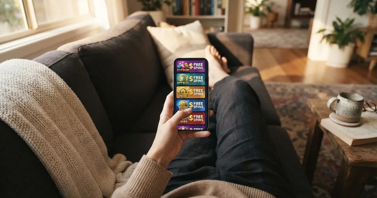 A phone screen shows a list of promotional bonus tiles as someone scrolls with one thumb on a couch.