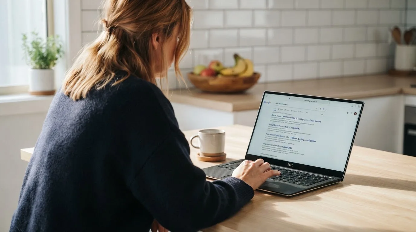 A person sits at a kitchen table, scrolling a laptop showing a general search results page about repeat-deposit offers.