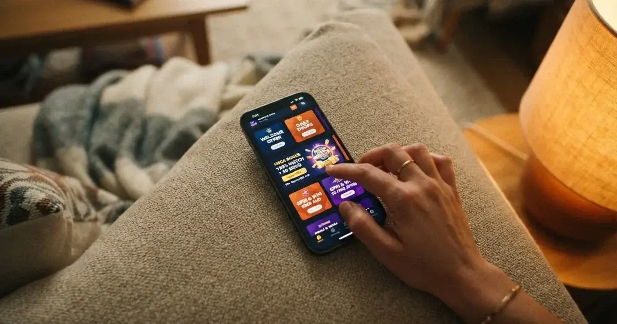 A phone screen shows a list of promotional bonus tiles as someone scrolls with one thumb on a couch.