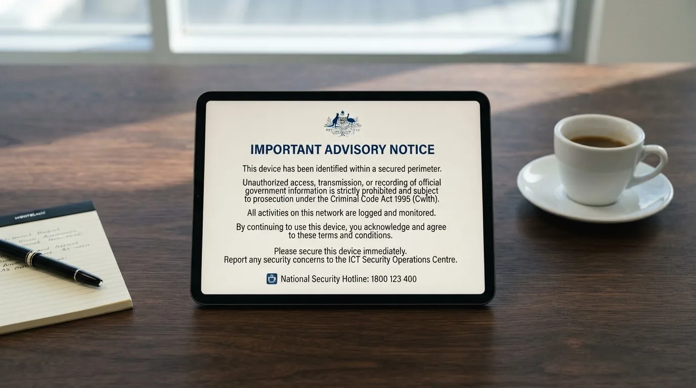 A tablet on a desk displays a plain government-style warning notice page, with a coffee cup beside it.