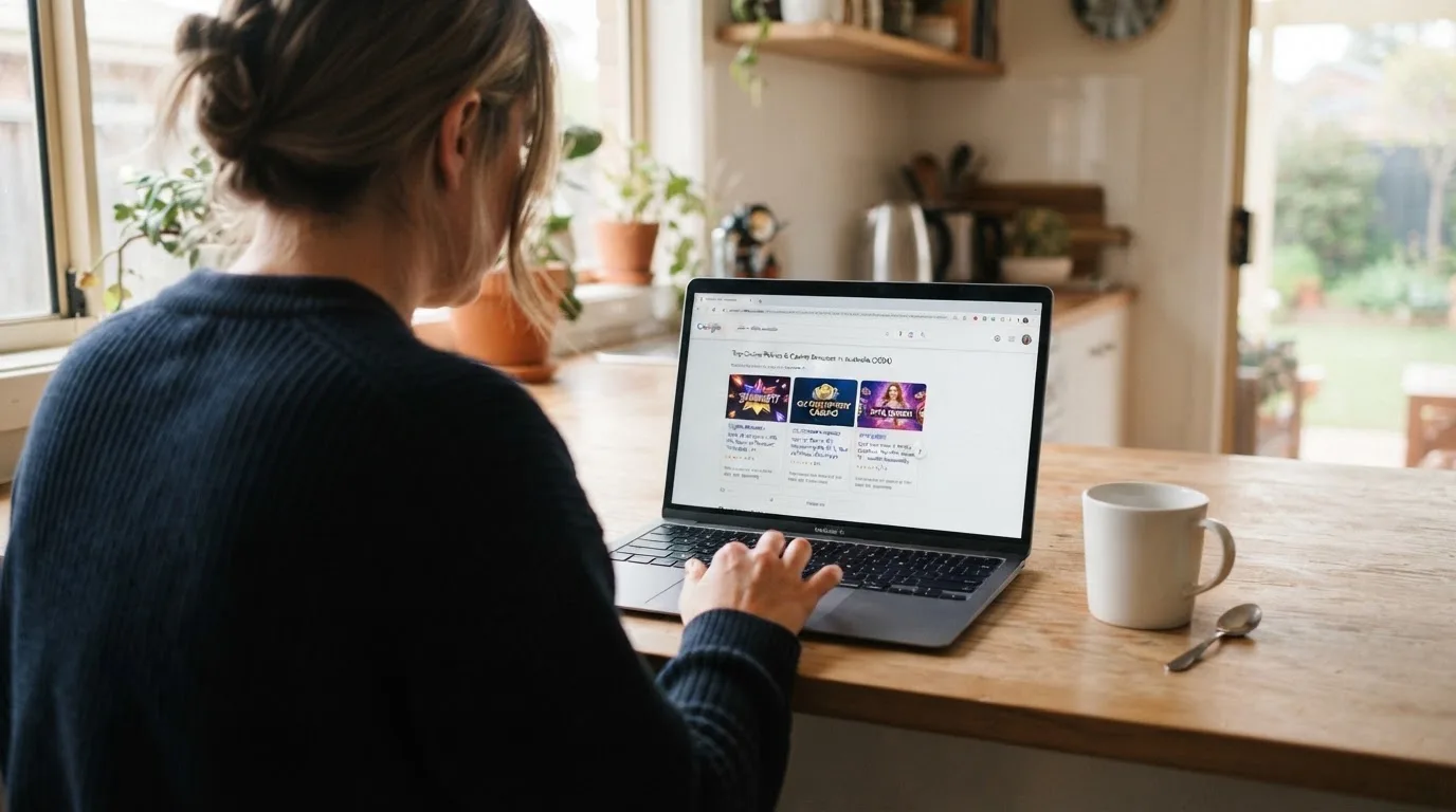 A person sits at a kitchen table, scrolling a laptop showing a general search results page about pokies offers.