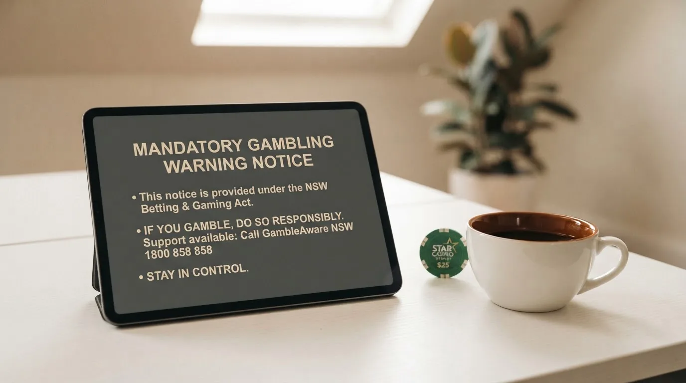 A tablet on a desk displays a plain government-style warning notice page, with a coffee cup beside it.