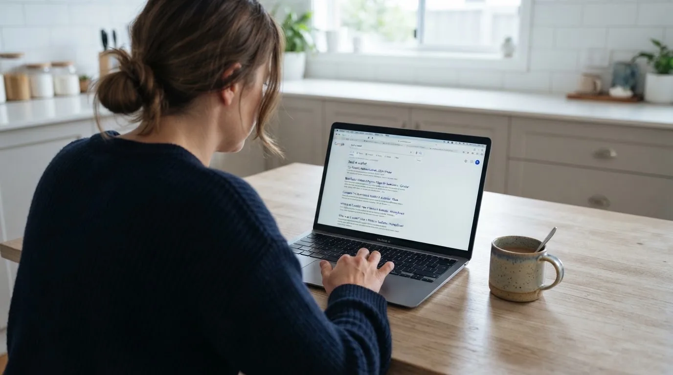 A person sits at a kitchen table, scrolling a laptop showing a general search results page about e-wallet options.