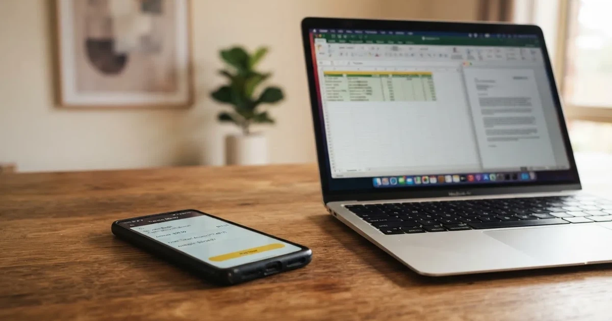Close-up of a smartphone banking app open beside a laptop on a home desk, mid-transfer.