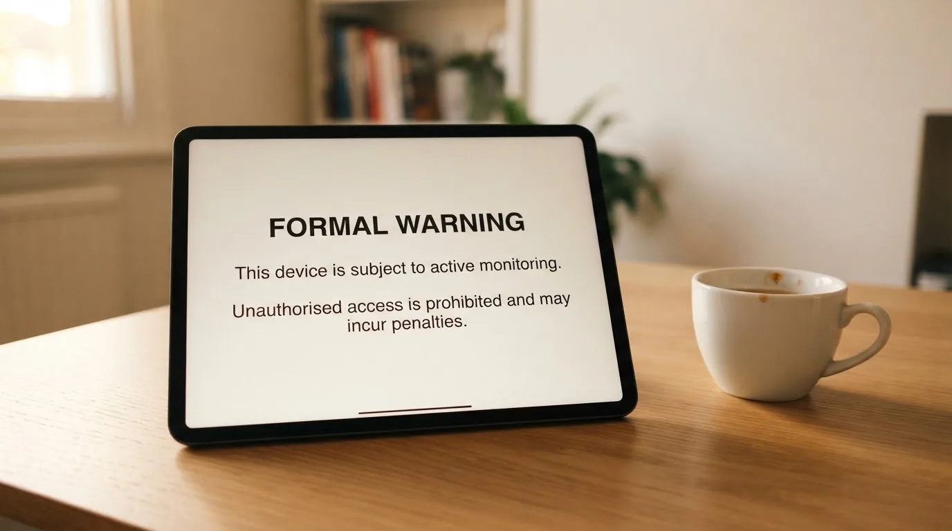 A tablet on a desk displays a plain government-style warning notice page, with a coffee cup beside it.