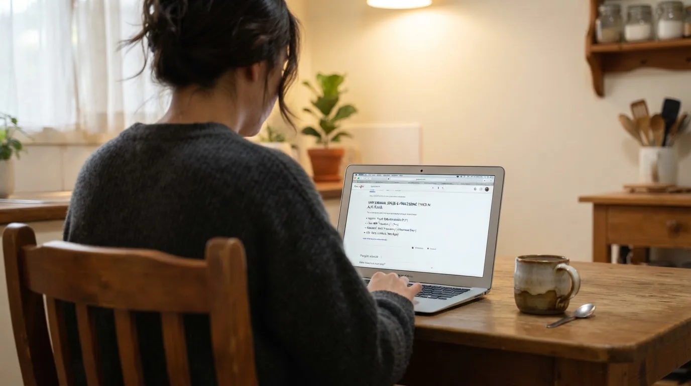 A person sits at a kitchen table, scrolling a laptop showing a general search results page about withdrawal speed.
