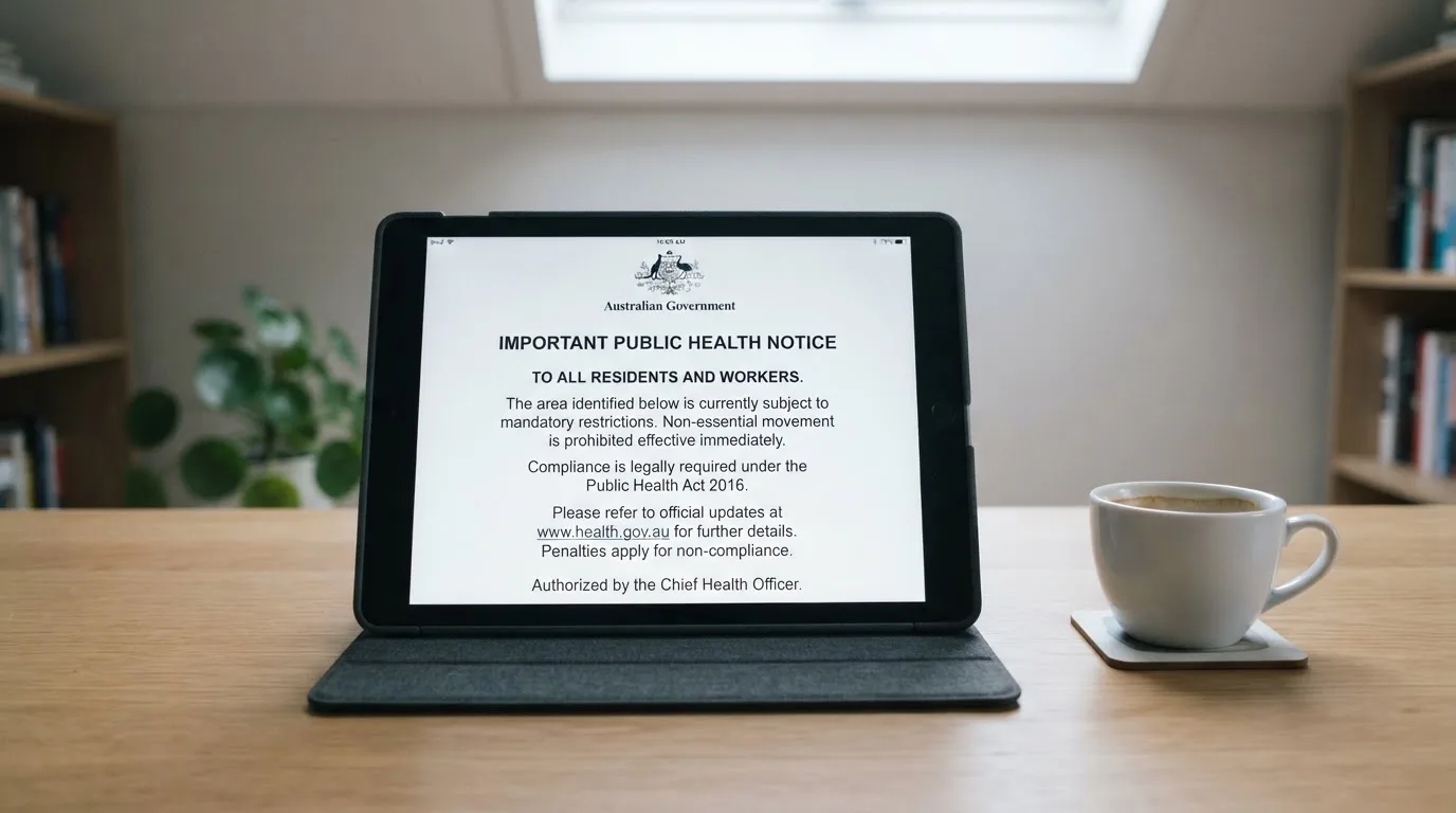 A tablet on a desk displays a plain government-style warning notice page, with a coffee cup beside it.