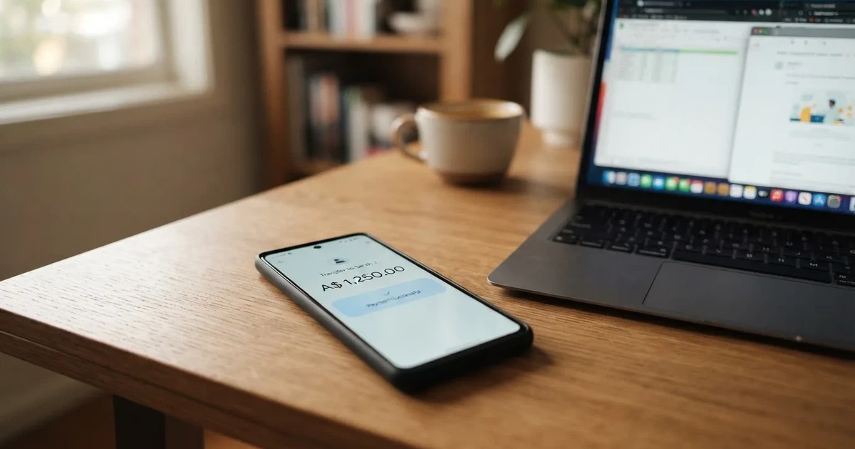 Close-up of a smartphone banking app open beside a laptop on a home desk, mid-transfer.
