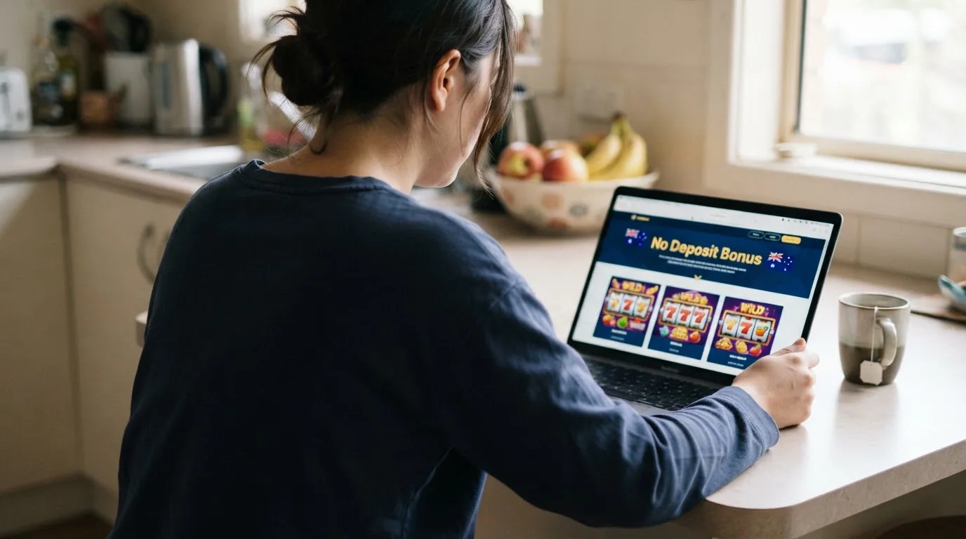 A person sits at a kitchen table, scrolling a laptop showing a general search results page about pokies bonus offers.