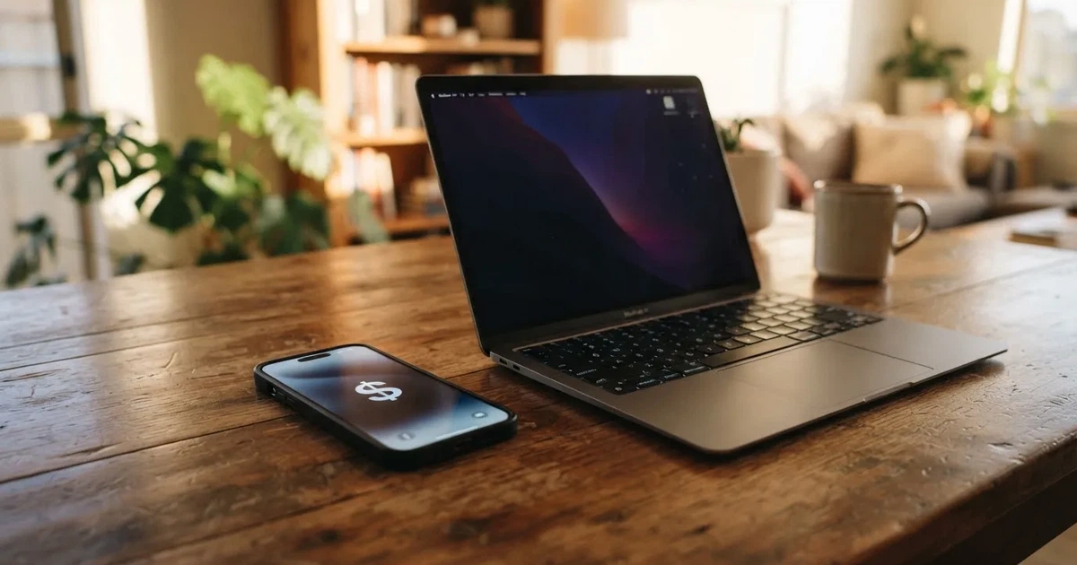 Close-up of a smartphone banking app open beside a laptop on a home desk, mid-transfer.