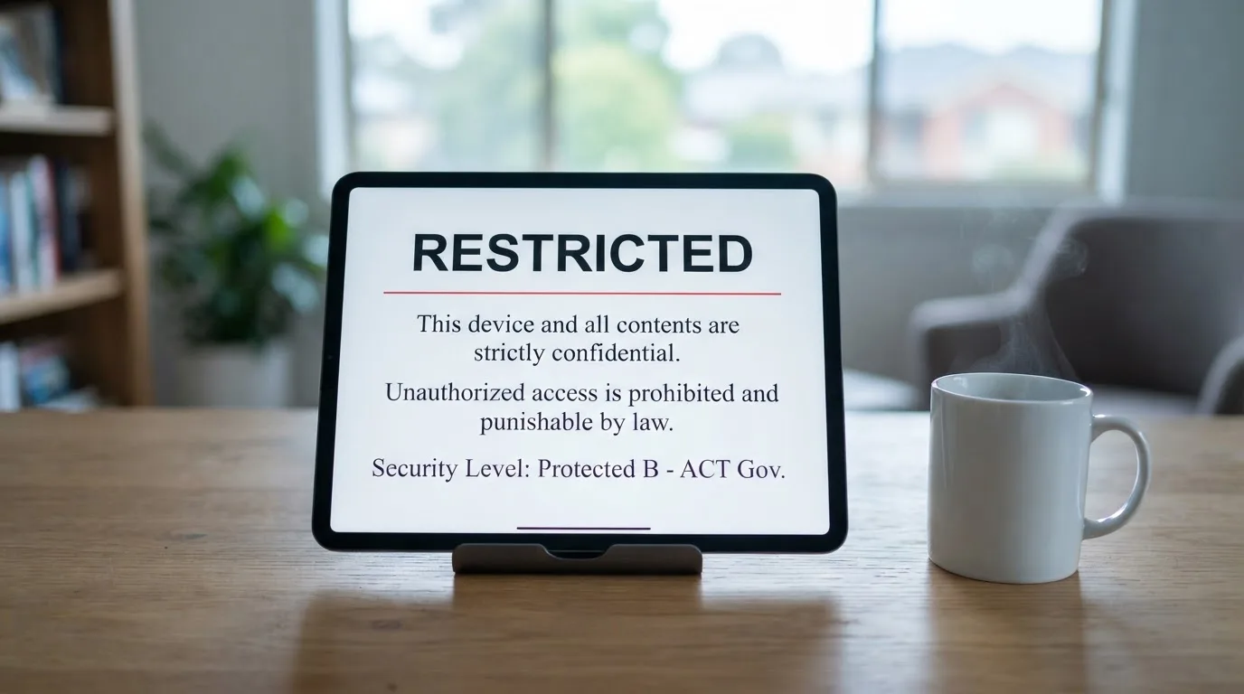 A tablet on a desk displays a plain government-style warning notice page, with a coffee cup beside it.