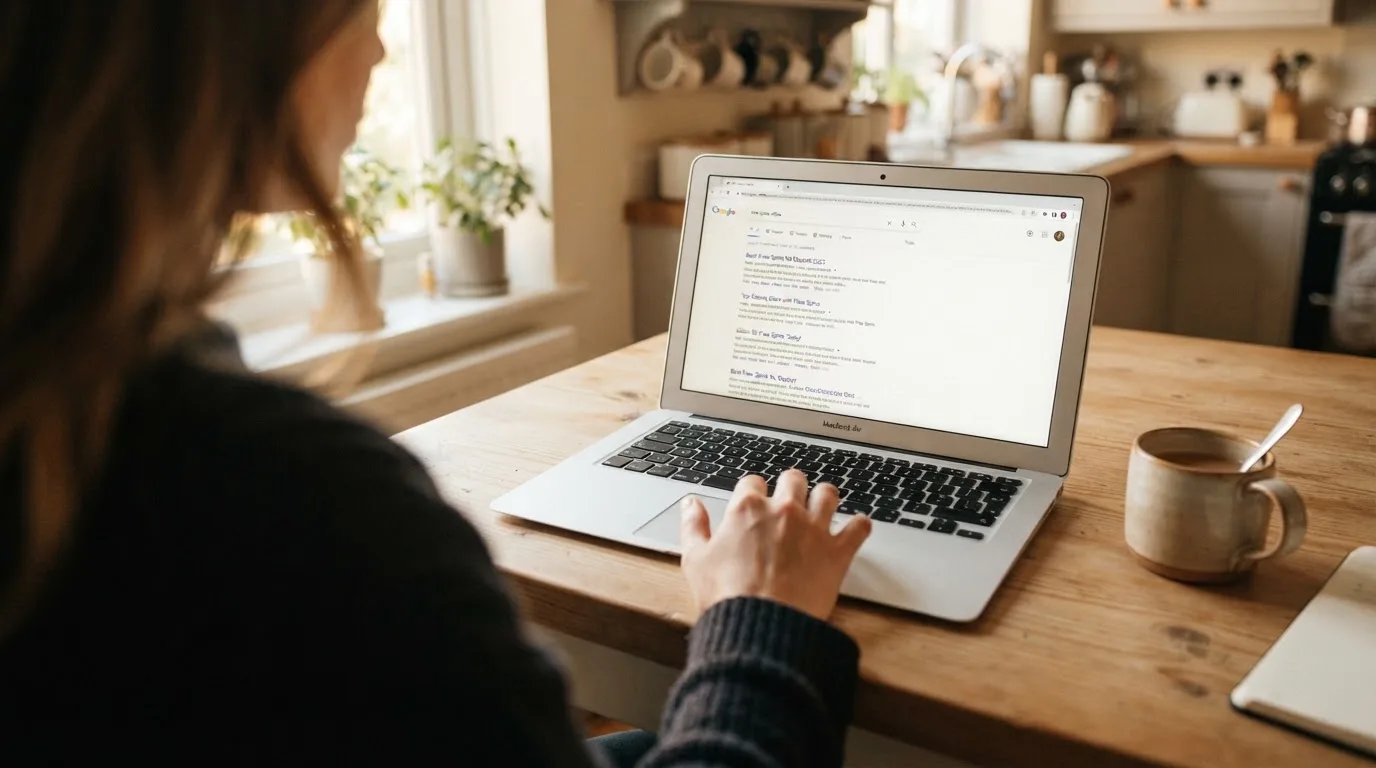 A person sits at a kitchen table, scrolling a laptop showing a general search results page about free spins offers.