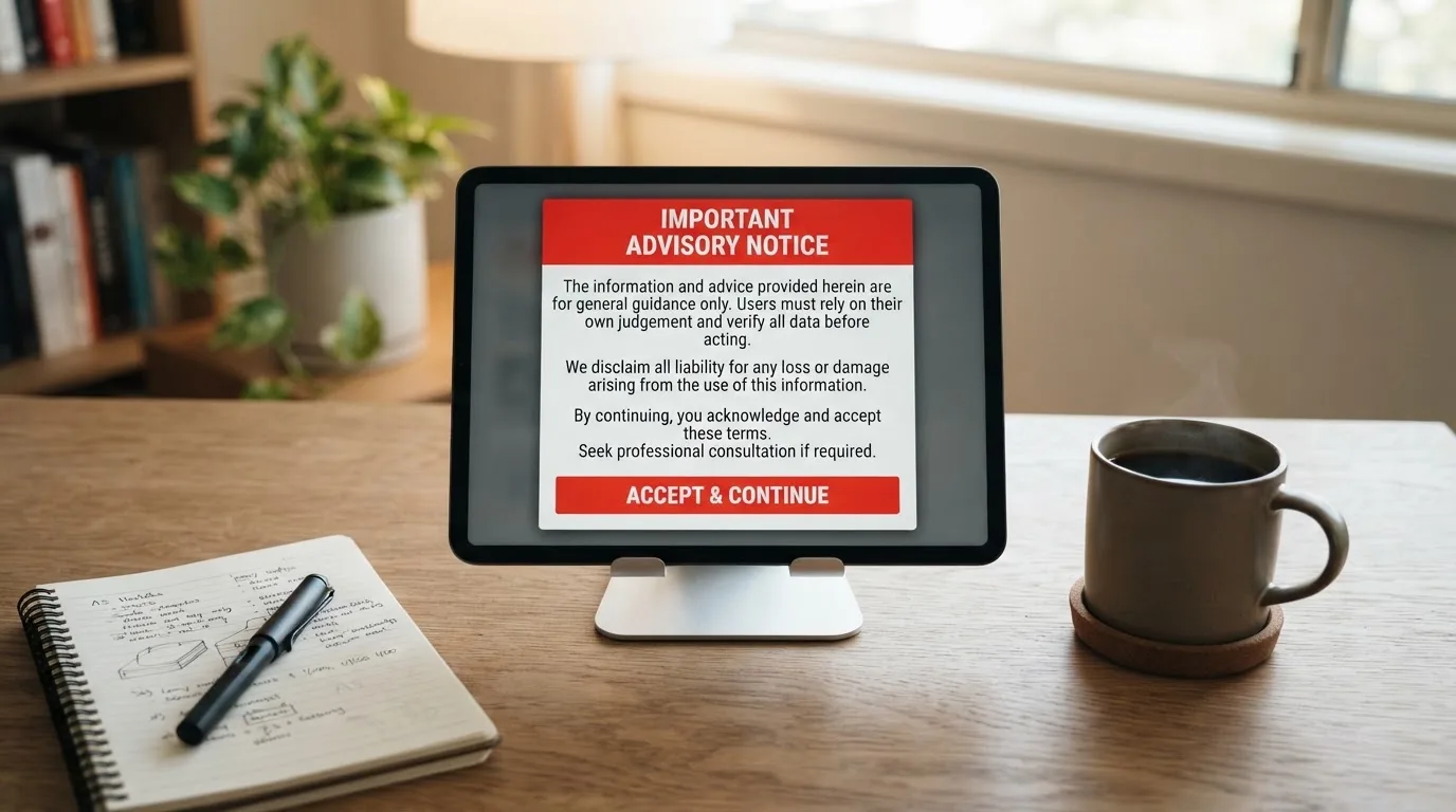 A tablet on a desk displays a plain government-style warning notice page, with a coffee cup beside it.