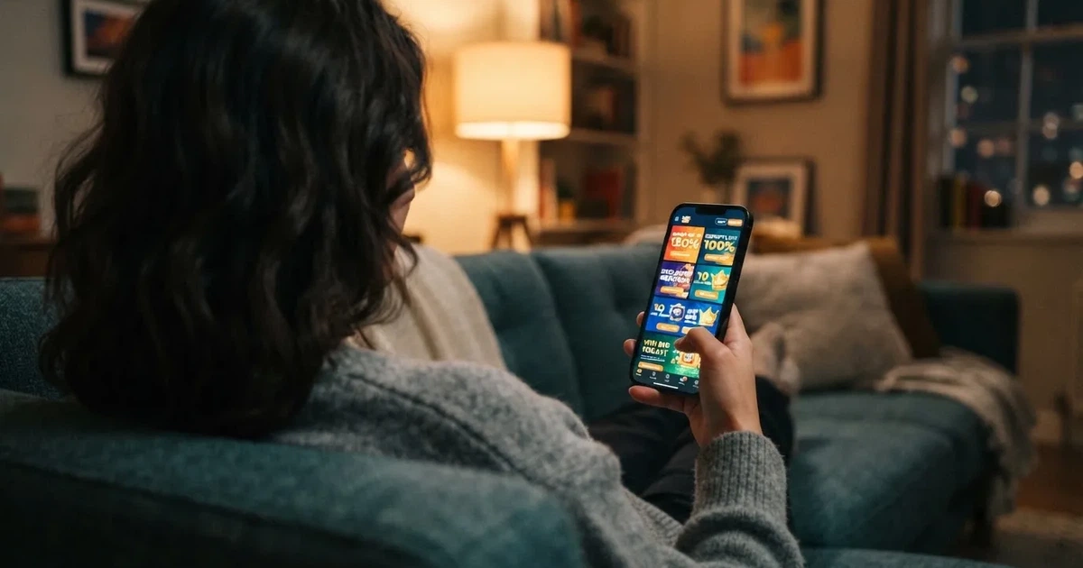 A phone screen shows a list of promotional bonus tiles as someone scrolls with one thumb on a couch.