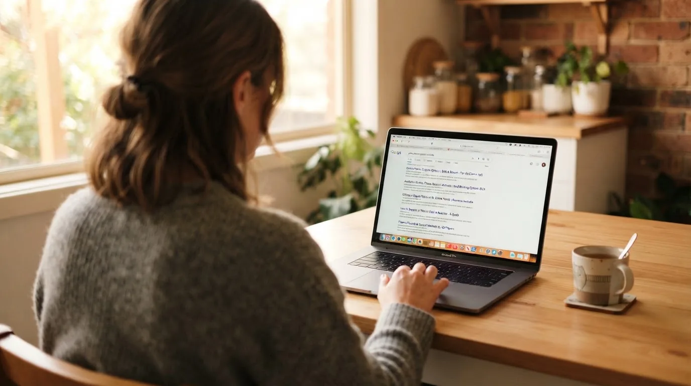 A person sits at a kitchen table, scrolling a laptop showing a general search results page about pokies deposit options.