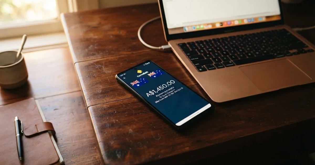 Close-up of a smartphone banking app open beside a laptop on a home desk, mid-transfer.