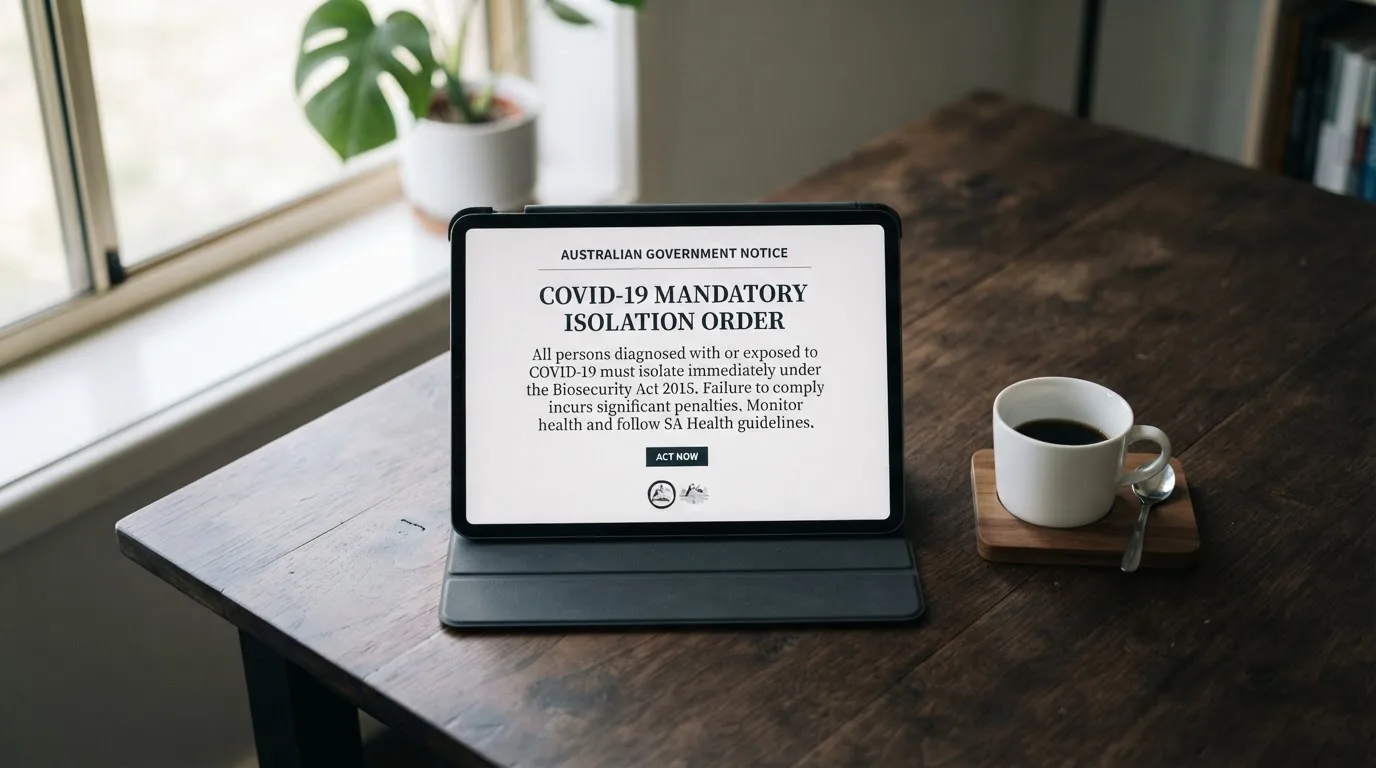 A tablet on a desk displays a plain government-style warning notice page, with a coffee cup beside it.