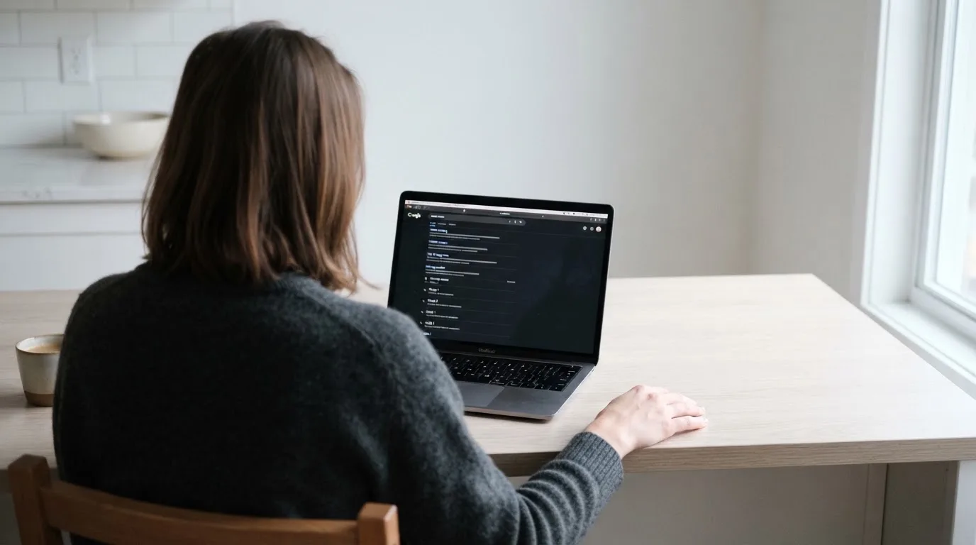 A person sits at a kitchen table, scrolling a laptop showing a general search results page about phone-bill deposits.