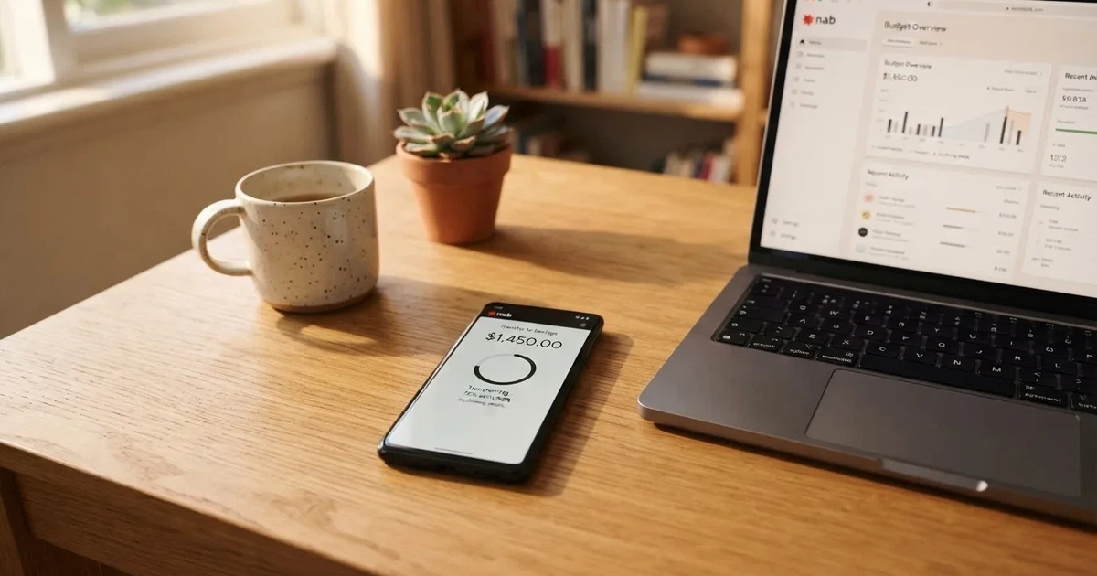 Close-up of a smartphone banking app open beside a laptop on a home desk, mid-transfer.