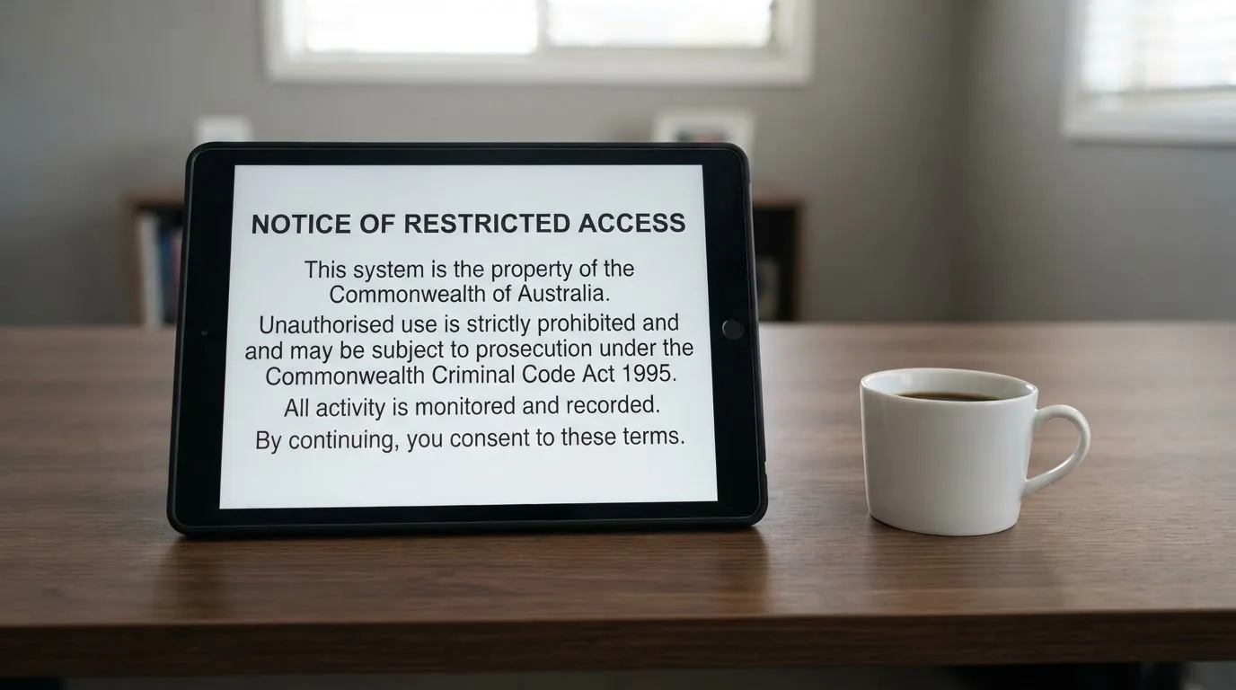 A tablet on a desk displays a plain government-style warning notice page, with a coffee cup beside it.
