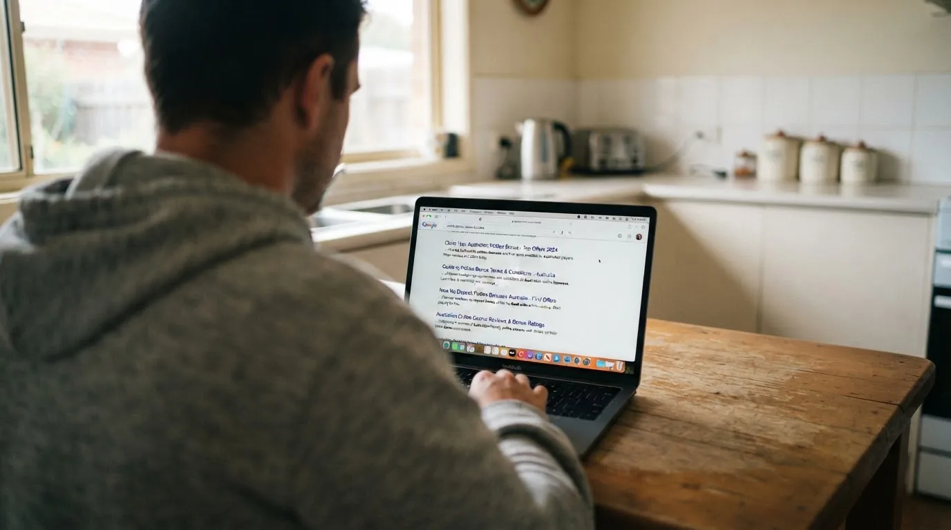 A person sits at a kitchen table, scrolling a laptop showing a general search results page about pokies bonus claims.
