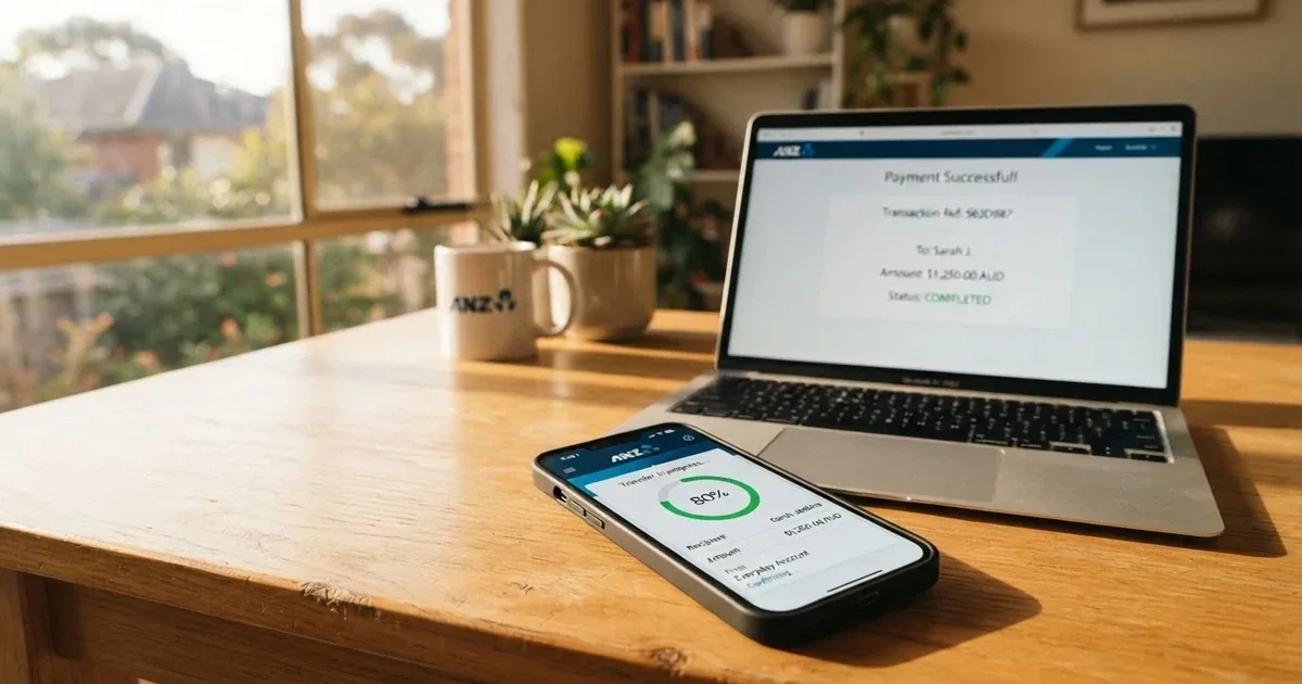 Close-up of a smartphone banking app open beside a laptop on a home desk, mid-transfer.