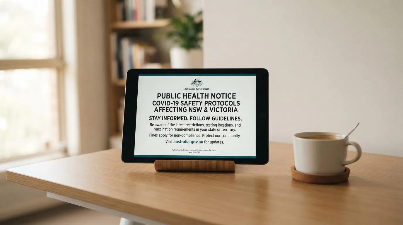 A tablet on a desk displays a plain government-style warning notice page, with a coffee cup beside it.