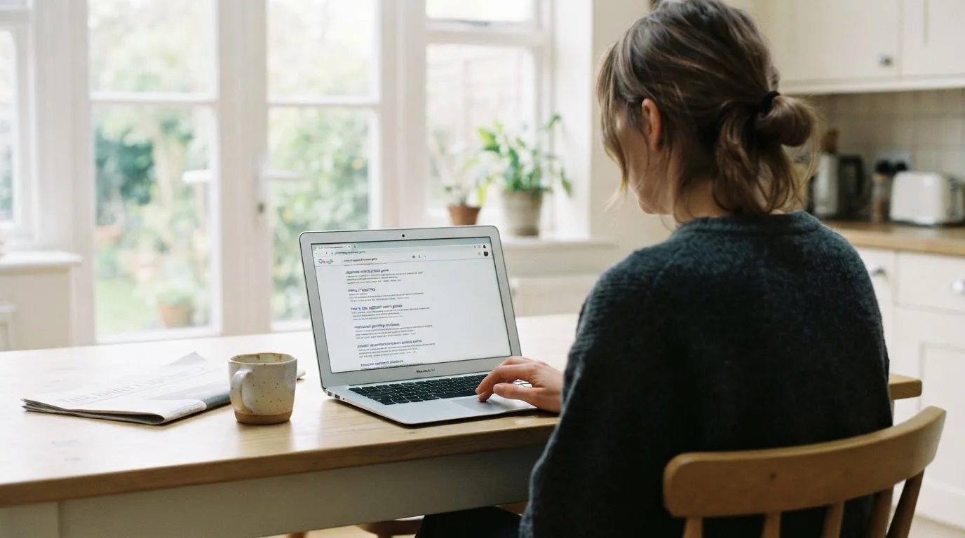 A person sits at a kitchen table, scrolling a laptop showing a general search results page about the Plinko game.
