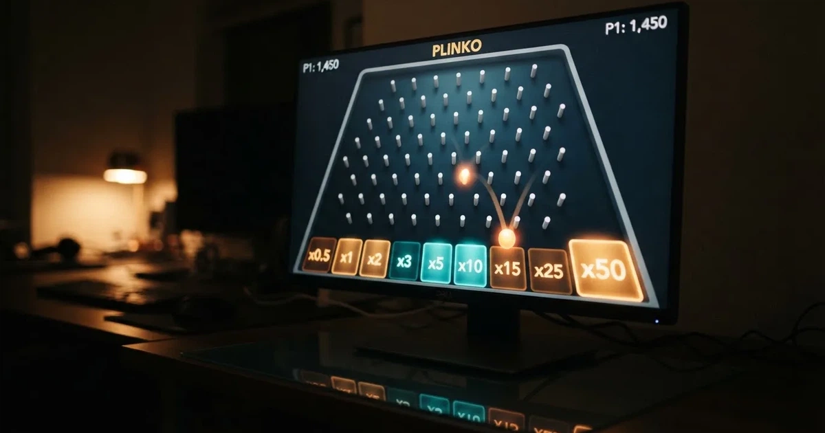 A close-up of a Plinko-style game board with pegs and multiplier slots shown on a monitor.