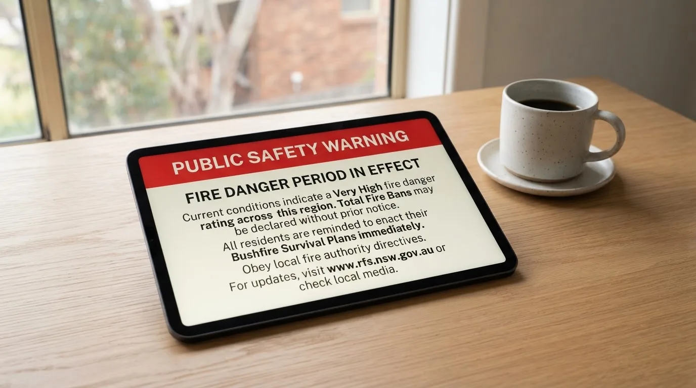 A tablet on a desk displays a plain government-style warning notice page, with a coffee cup beside it.