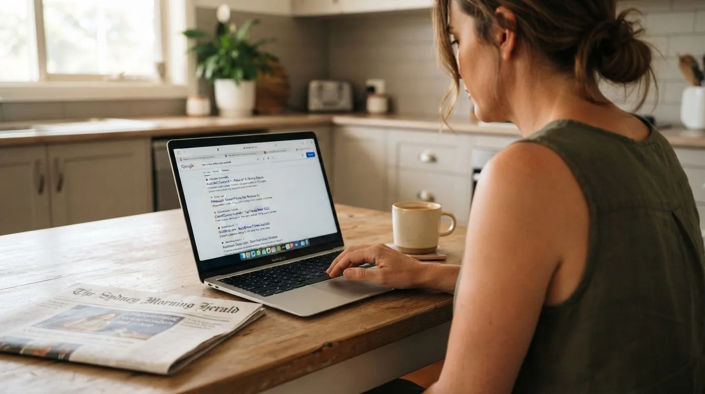 A person sits at a kitchen table, scrolling a laptop showing a general search results page about a review of a pokies site.