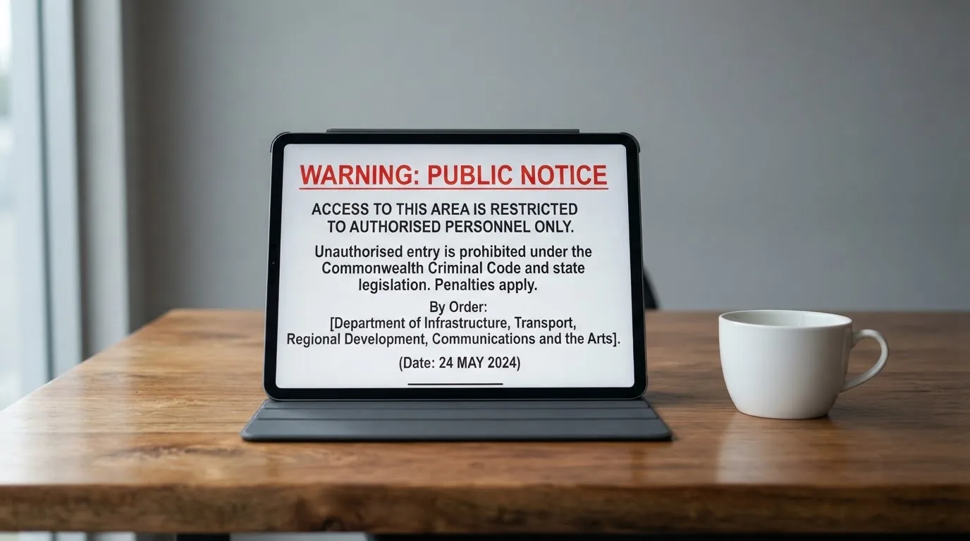 A tablet on a desk displays a plain government-style warning notice page, with a coffee cup beside it.